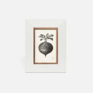 Black and white illustration of a turnip with green leaves, framed in a textured white frame.