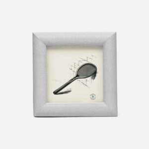 A framed illustration of a tennis racket against a light background.