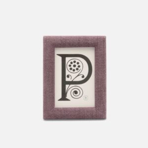 A purple textured frame displays an ornate letter "P" with decorative elements.