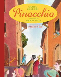 Colorful illustration of Pinocchio running in a lively street, surrounded by curious townspeople.