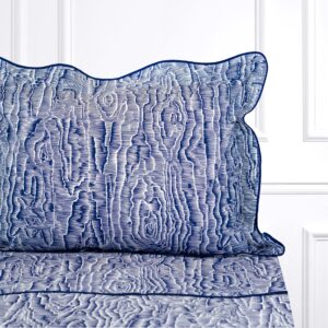 Navy blue bedding with a wood grain pattern, featuring a scalloped pillow edge against a white backdrop.