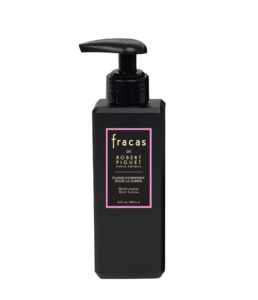 Black bottle of Fracas moisturizing body lotion with a pump top and label detailing product information.