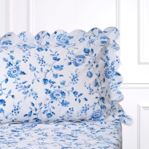 Blue floral-patterned bedding with a scalloped pillow edge against a white background.
