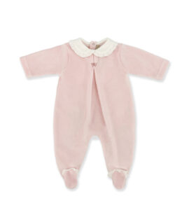 Light pink baby onesie with a white ruffled collar and footed design.