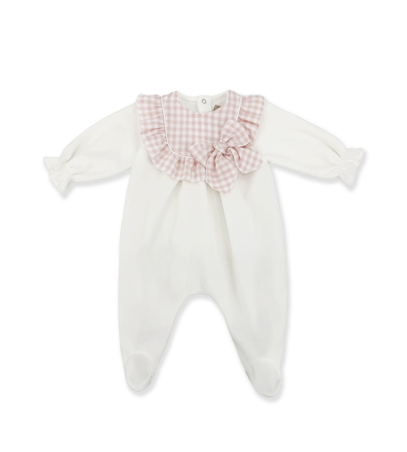 TBTT04L02copia_1296x White baby onesie with a pink gingham ruffle and bow at the neckline.