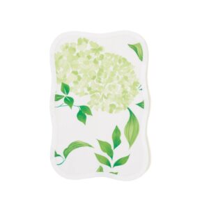 White cocktail napkin featuring green hydrangea flowers and leaves.