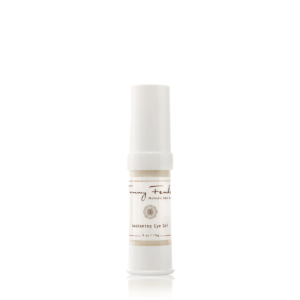 Tammy Fender Awakening Eye Gel in a white pump bottle, labeled with product details.