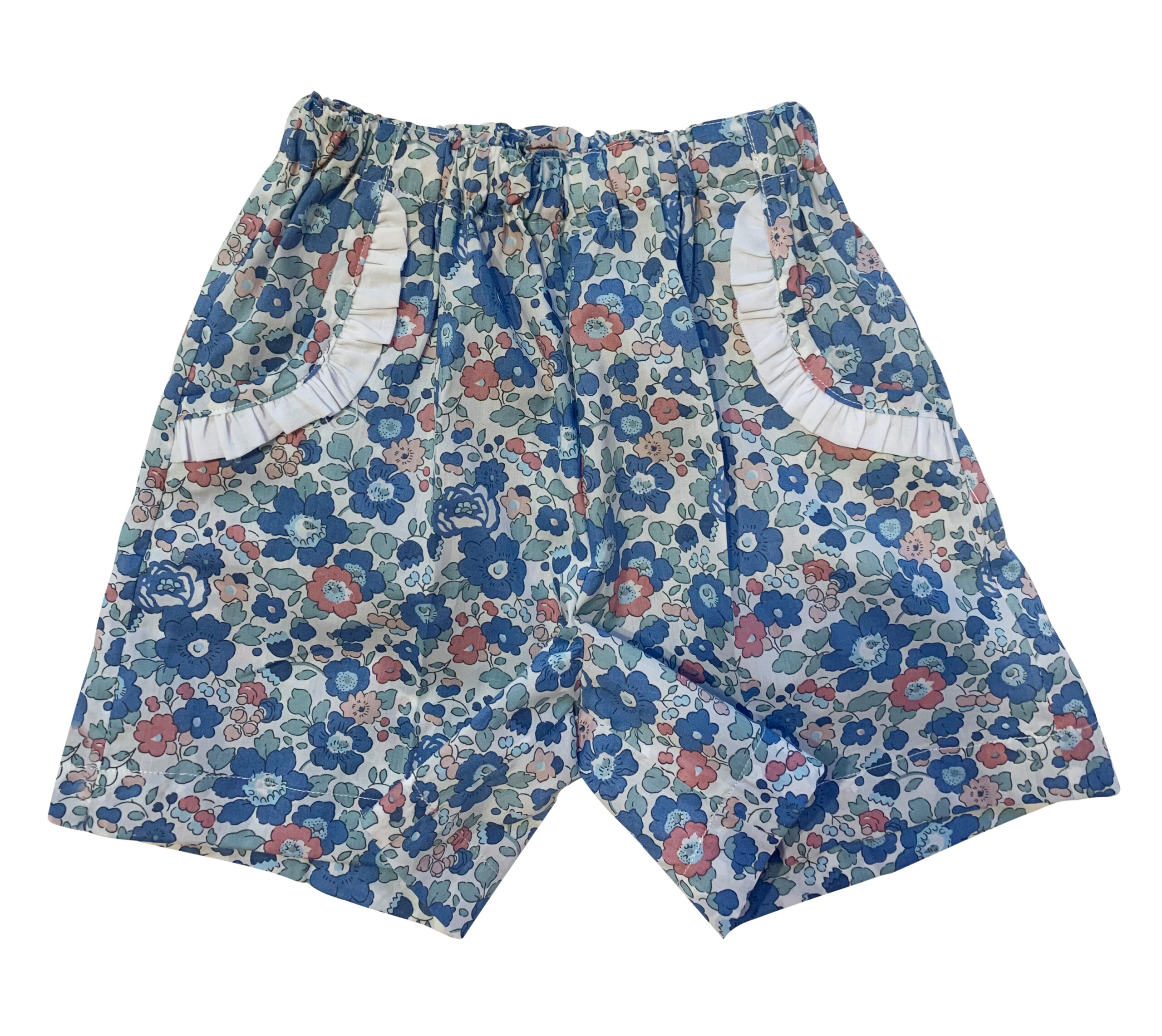 baroni-betsy-tana-lawn-blue-girls-shorts-9636 Floral-patterned shorts with ruffled pockets in blue, pink, and green colors.