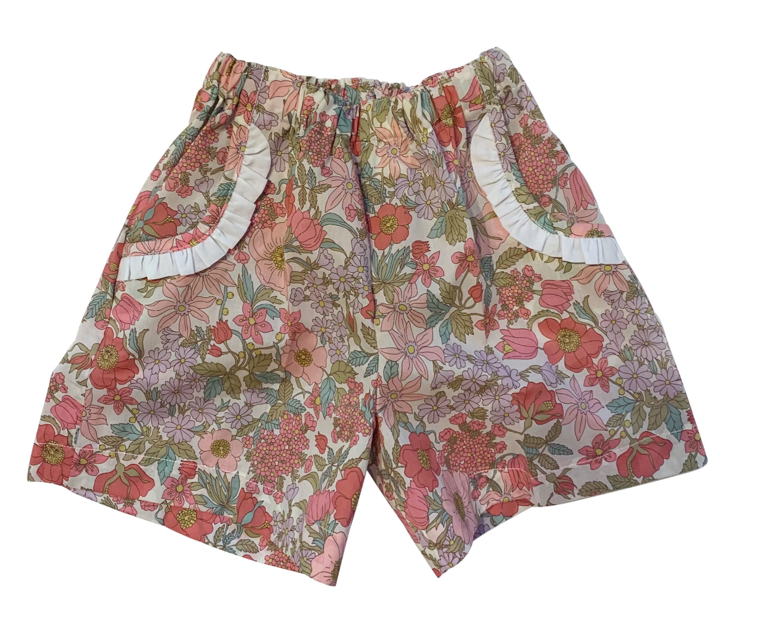 baroni-clarabel-tana-lawn-pink-girls-shorts-9636 Floral-patterned shorts with white trim and pockets, designed for girls.