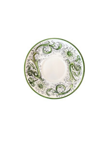Green decorative saucer featuring floral and swirling patterns. Central area is plain.