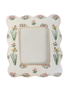 Decorative large picture frame with spring flowers and scalloped edges, featuring a blank center.