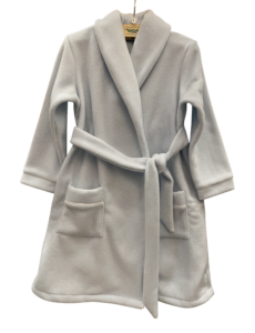 Light blue robe with a shawl collar, tied belt, and two front pockets.