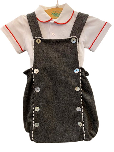 Baroni Romper Set with Polo Gray romper set with a white polo shirt, featuring red trim and decorative buttons.