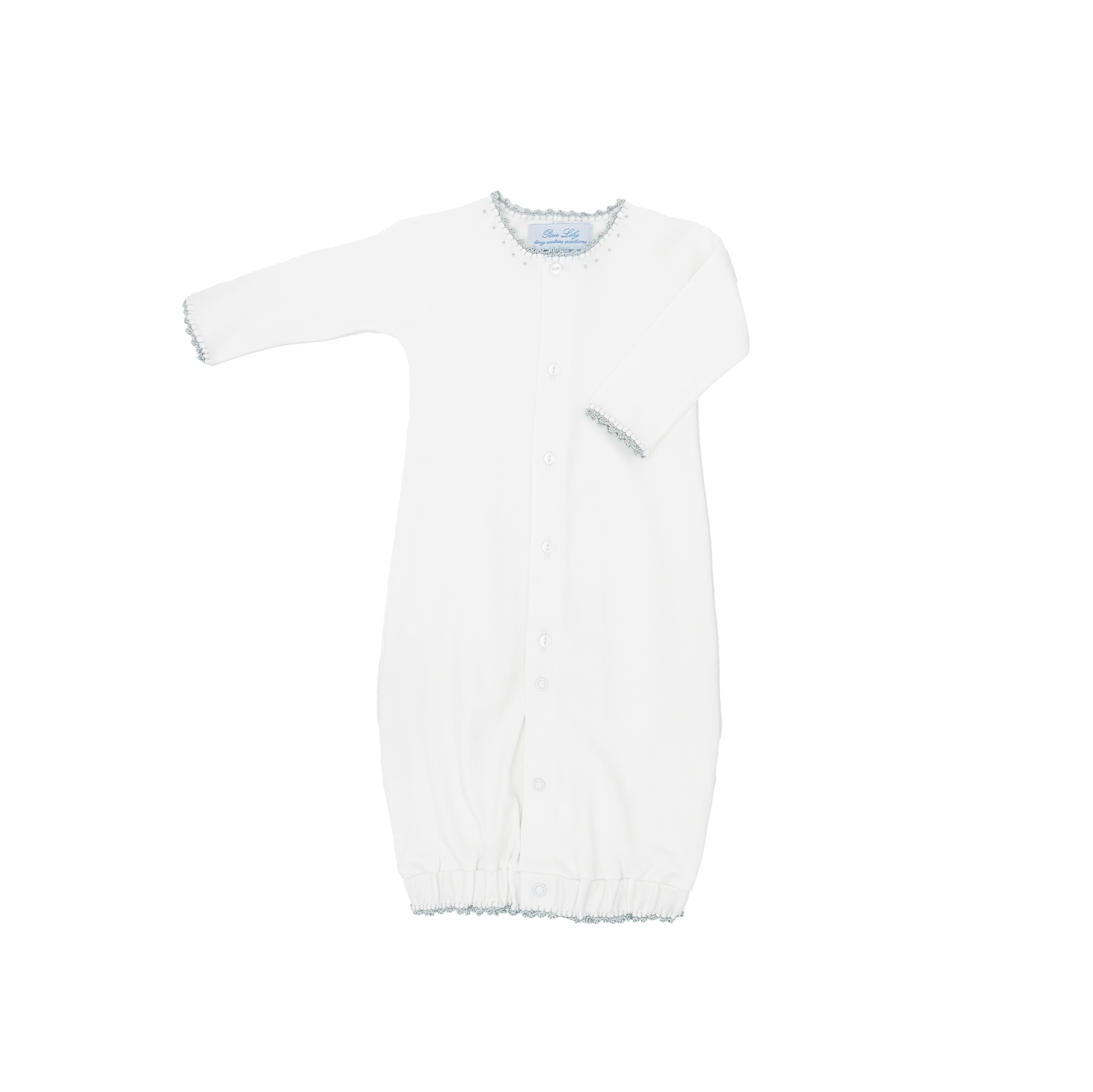 Converter_blue White baby gown with long sleeves and decorative trim, featuring a button closure.