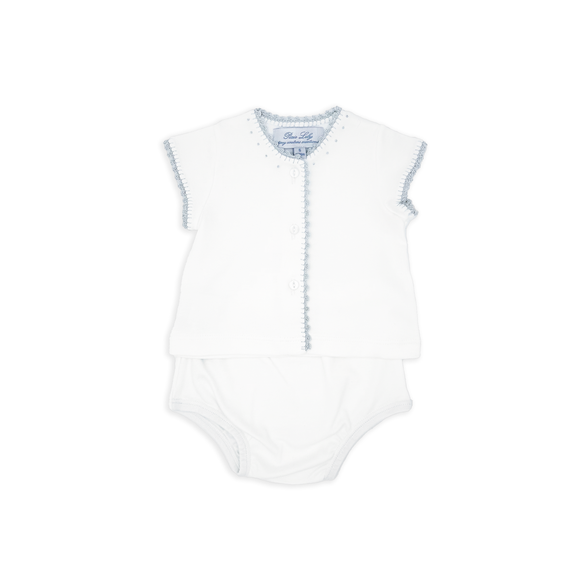 Crib_Set_blue2 White baby outfit with short sleeves and matching bottoms, featuring blue trim and button details.