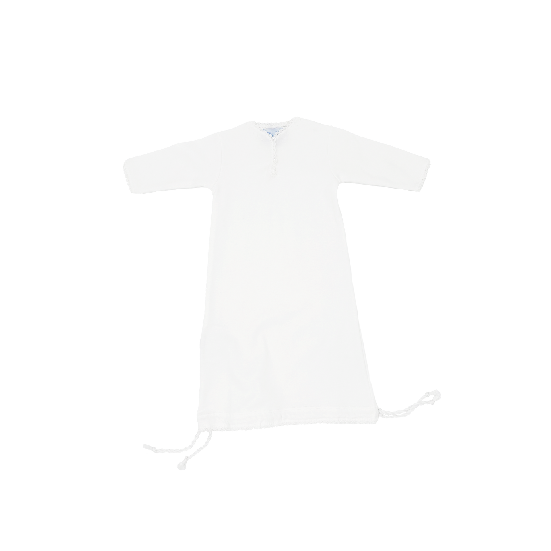 Drawstring_white White garment with long sleeves and drawstring at the bottom.