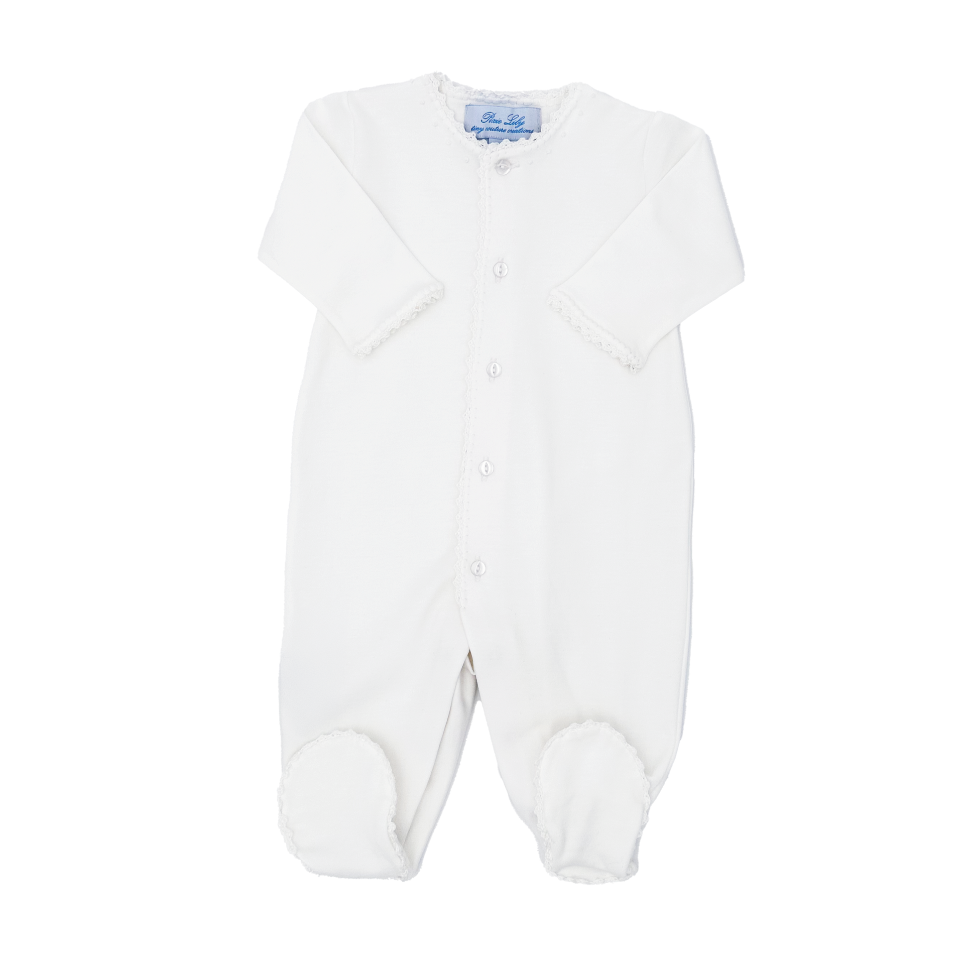 Footy_white White baby footed onesie with long sleeves and decorative trim.