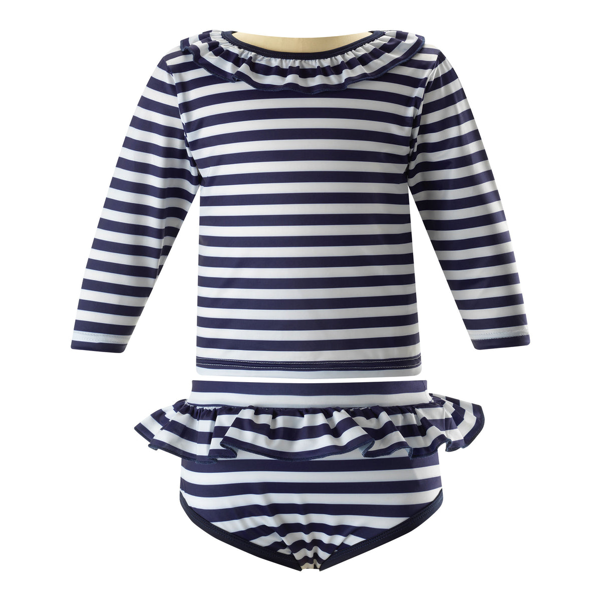GSS36NAACN_A_1200x Navy and white striped long-sleeve swimsuit with ruffled skirt and matching bottom.