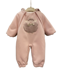 Pink padded suit with a sheep design on the back, featuring a hood and elastic cuffs.