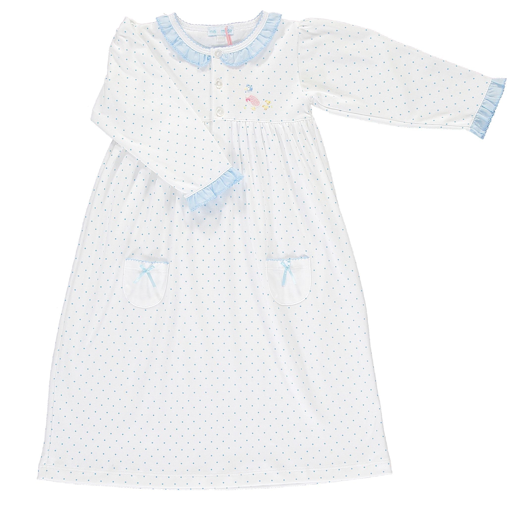 PR-PJBC12B-BSPOT-1 White nightgown with blue polka dots, ruffled collar, and two pockets with bows.