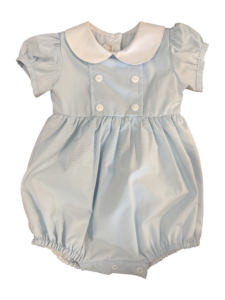 Light blue romper with puff sleeves and a white collar, featuring double buttons and gathered waist.
