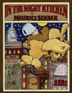 A child in pajamas floats with a giant baker in a whimsical cityscape, surrounded by food-themed buildings.