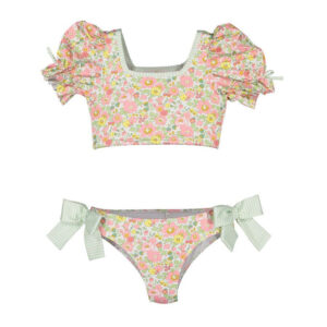 Floral two-piece swimsuit with puff sleeves and bow details on the bikini bottom.