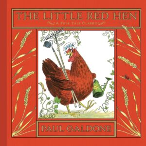 A red hen in a chef's hat holds gardening tools and a watering can, surrounded by wheat and vines.