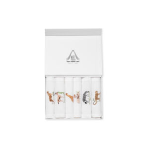 Six embroidered cocktail napkins featuring safari animals, neatly arranged in a decorative box.