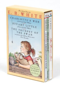 Three classic books by E.B. White: "Charlotte's Web," "Stuart Little," and "The Trumpet of the Swan" in a box set.