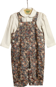 Floral overalls set with a white collared shirt, hanging on a display.