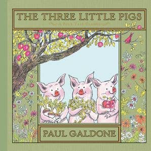 Cover of "The Three Little Pigs" featuring three pigs holding flowers and a heart, surrounded by trees and flowers.
