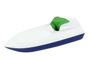 A small plastic boat with a white body, blue bottom, and green seat.