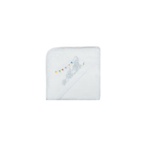 White bath towel with a hood, featuring embroidered elephants and colorful bunting.