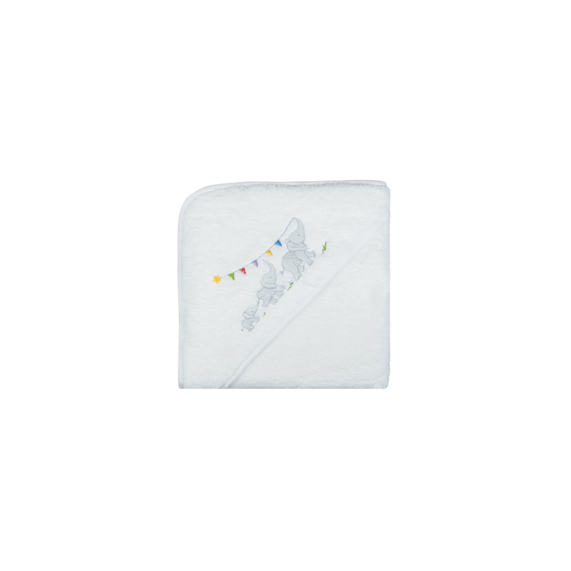 elephants-embroidered-bath-towel-with-hood White bath towel with a hood, featuring embroidered elephants and colorful bunting.