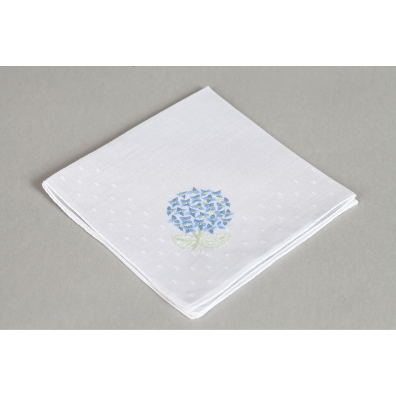 hortensia White handkerchief with embroidered blue hydrangea flower design.