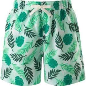 Green swim shorts with a tropical leaf pattern and a drawstring waistband.