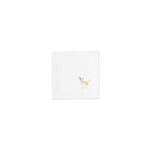 A white blanket featuring a rabbit and a yellow ball with small butterflies.