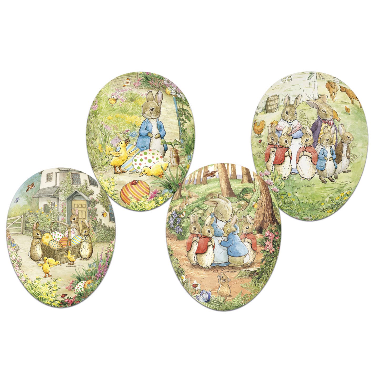 Four illustrated Easter eggs feature rabbits and chicks in various springtime scenes.