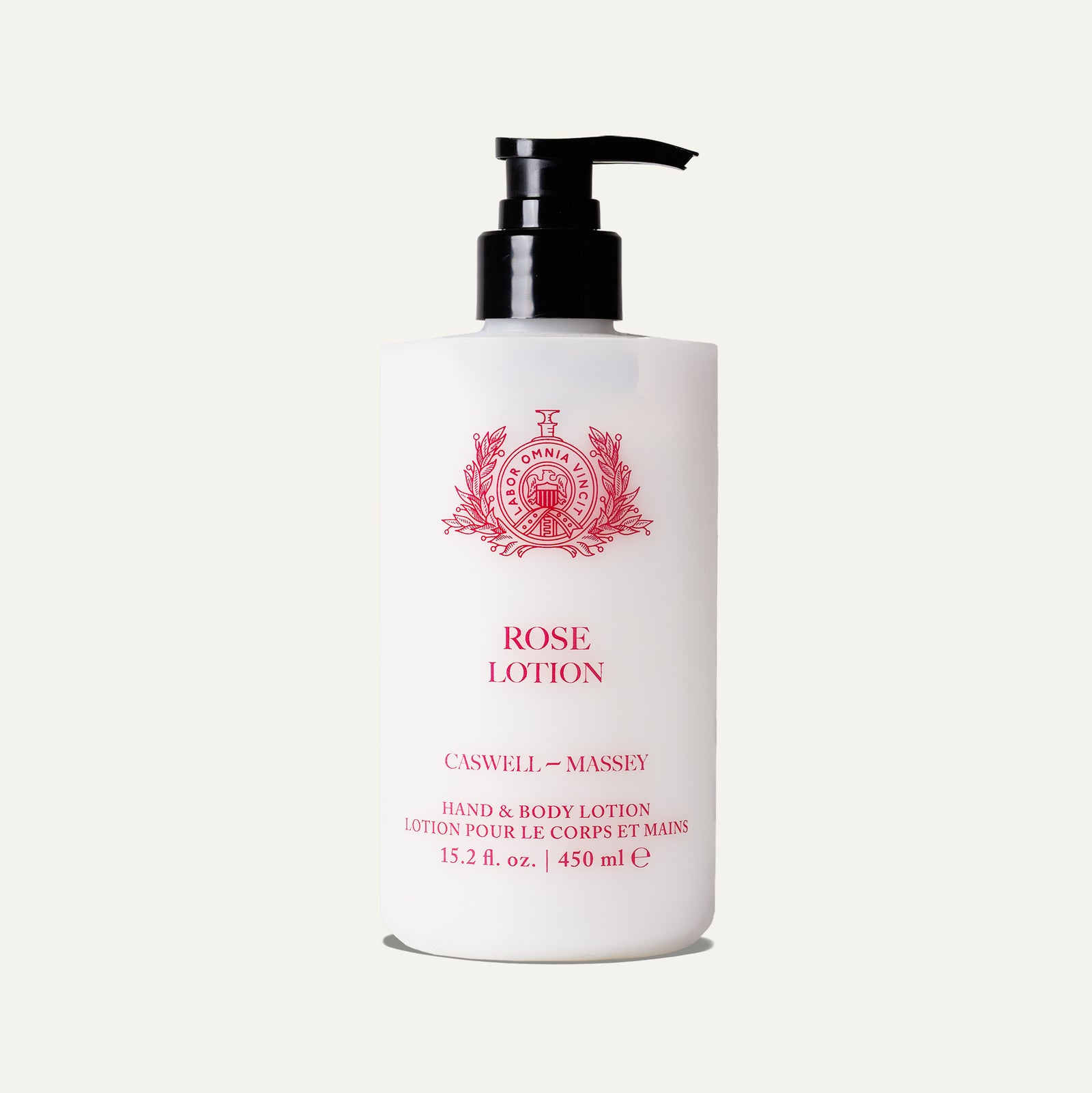 White bottle of Caswell-Massey Rose Lotion with a black pump and pink label, labeled for hand and body use.