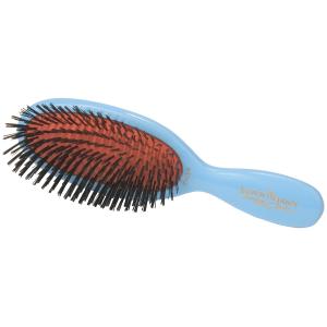 A blue hairbrush with a red bristle design, positioned on a white background.