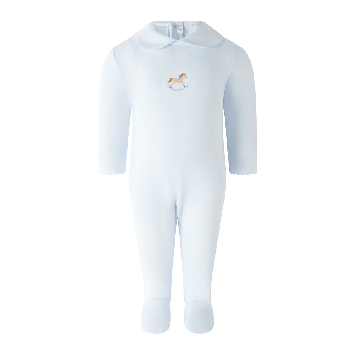 Light blue baby onesie with a collar and a rocking horse embroidery on the chest.