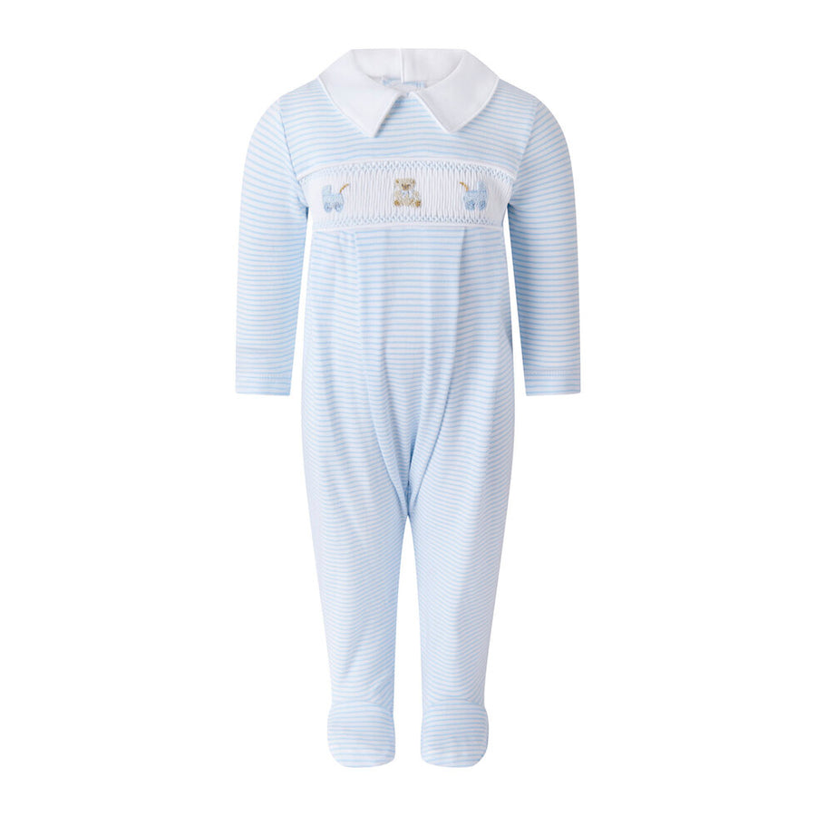 Light blue striped baby onesie with a white collar and embroidered animal designs on the chest.