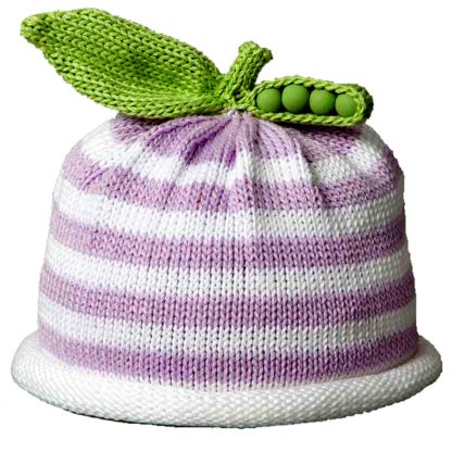 Striped knit hat in lavender and white, topped with green leaves and pea-like embellishments.