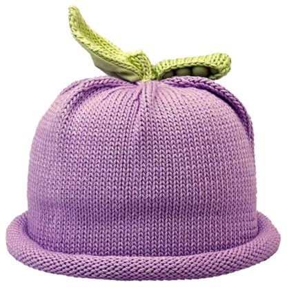 Lavender knit hat with a green leaf design on top.